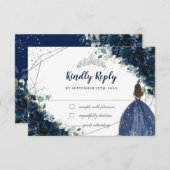 Blaue Blütenblume, Silberprinzessin Quinceañera An RSVP Karte (Vorne/Hinten)
