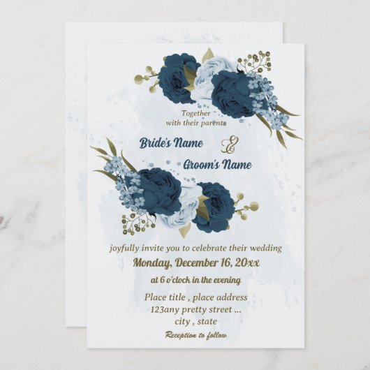 Blaue Blütenblumen botanische Hochzeit Einladung (Vorne/Hinten)