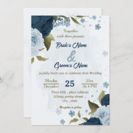 Blaue Blütenblumen botanische Hochzeit Einladung