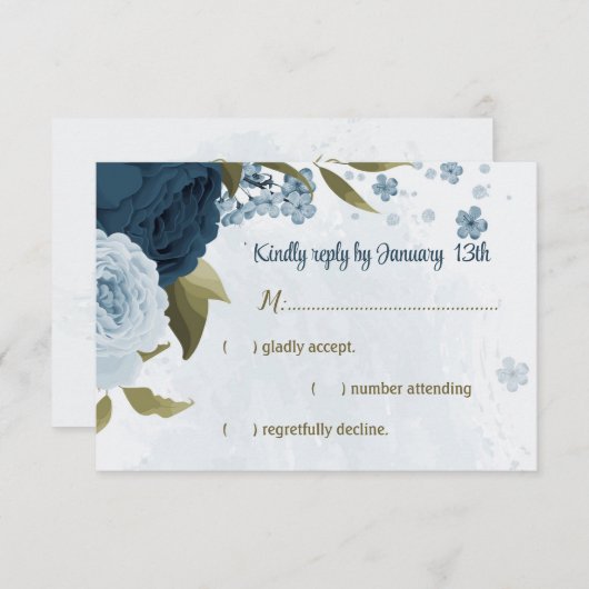 Blaue Blütenblumen botanische Hochzeit RSVP Karte (Vorne/Hinten)