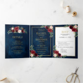 Blaue Blütenfarbe Gold Geometrische Hochzeit Dreifach Gefaltete Ankündigung (Innenseite)