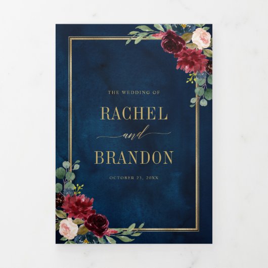 Blaue Blütenfarbe Gold Geometrische Hochzeit Dreifach Gefaltete Ankündigung (Cover)