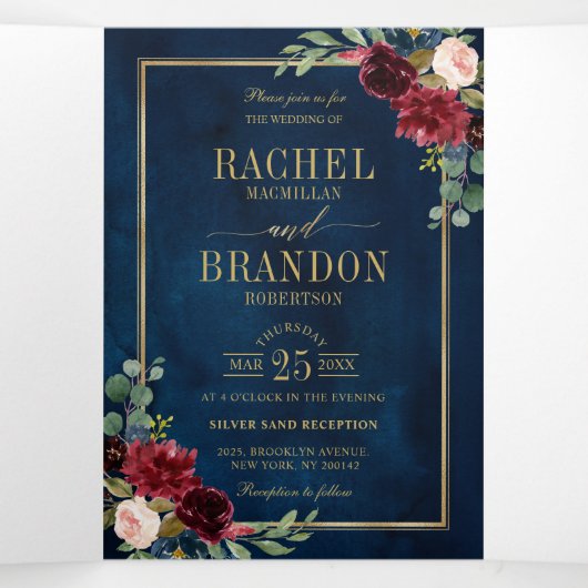 Blaue Blütenfarbe Gold Geometrische Hochzeit Dreifach Gefaltete Ankündigung (Innenseite Mitte)