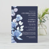 Blaue Blütenfeier zur Beerdigung des Fotos Einladung (Stehend Vorderseite)