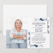 Blaue Blütenfeier zur Beerdigung des Fotos Einladung (Vorne/Hinten)