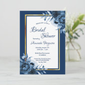 Blaue Blütenflocken, goldenes Brautparty Einladung (Stehend Vorderseite)