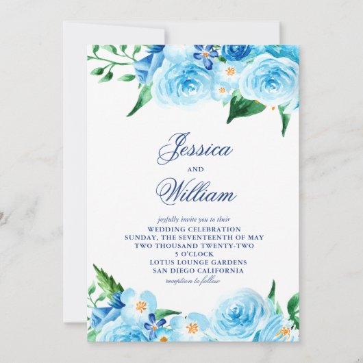 Blaue Blütengrün Hochzeit Einladung (Vorderseite)
