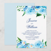 Blaue Blütengrün Hochzeit Einladung (Vorne/Hinten)