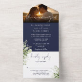 Blaue Blütengrün Hochzeitsszene Foto All In One Einladung (Innen Boden)