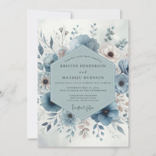Blaue Blütenhochzeit Einladung (Vorderseite)