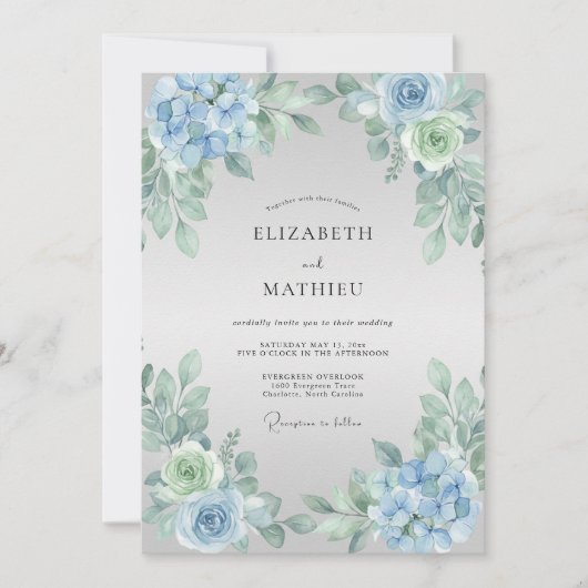 Blaue Blütenhochzeit Einladung (Vorderseite)
