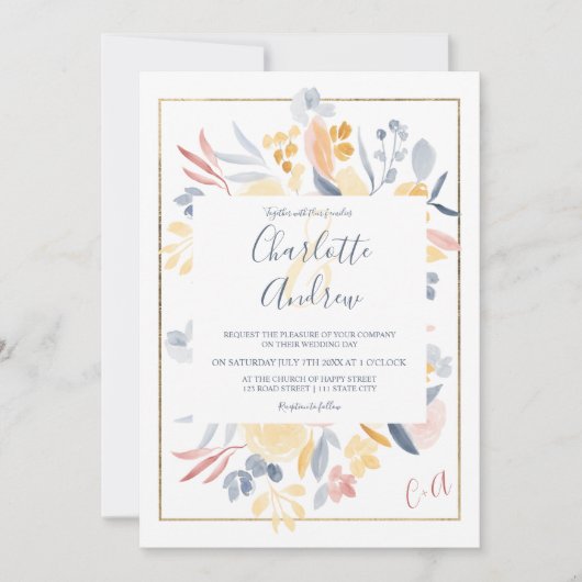 Blaue Blütenhochzeit Einladung (Vorderseite)