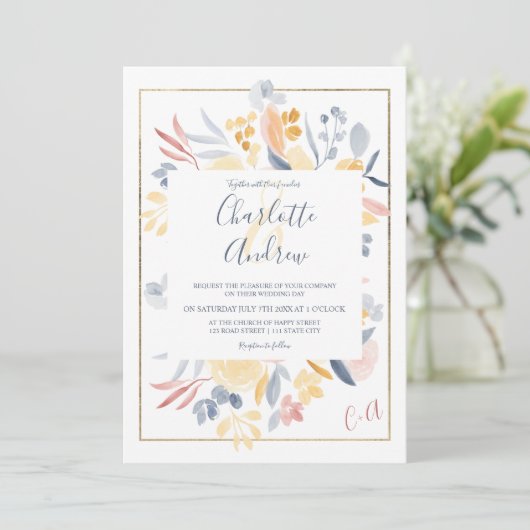 Blaue Blütenhochzeit Einladung (Stehend Vorderseite)