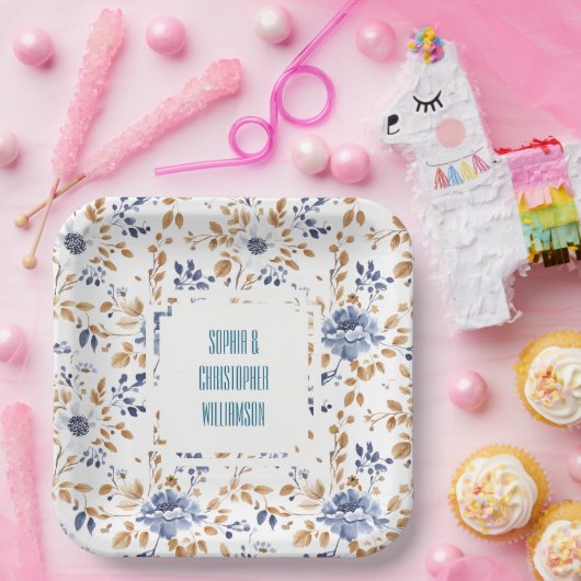 Blaue Blütenhochzeit Pappteller (Party)