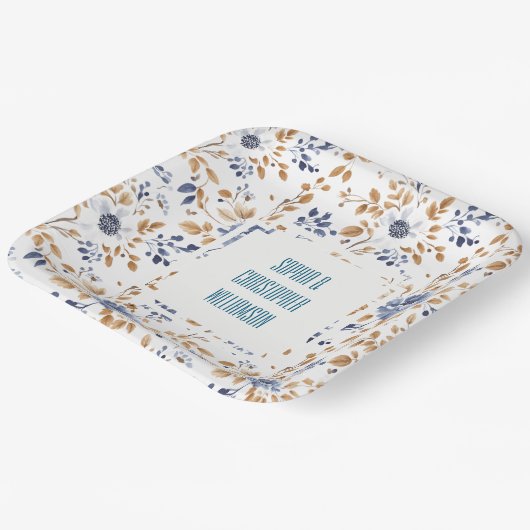 Blaue Blütenhochzeit Pappteller (Gewinkelt)