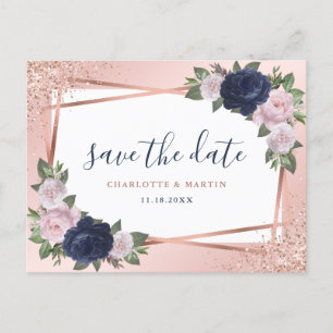 Blaue Blütenhochzeit Rose Gold Floral Geometric We Ankündigungspostkarte