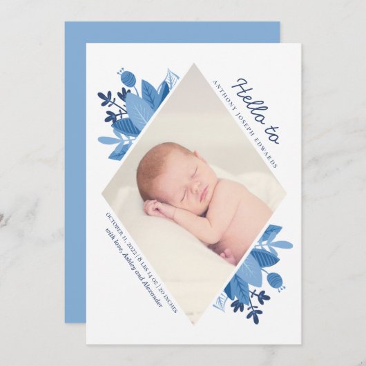 Blaue Blütenjunge Geburt. Neugeborene moderne Blum Ankündigung (Vorne/Hinten)