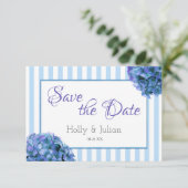 Blaue Blütenkarte und Streifen Save the Date Karte (Stehend Vorderseite)