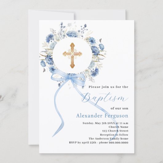 Blaue Blütenkranz-Armbanduhr-Taufe Einladung (Vorderseite)