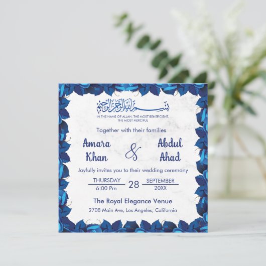 Blaue Blütenmarmor islamische Hochzeit Einladung (Stehend Vorderseite)