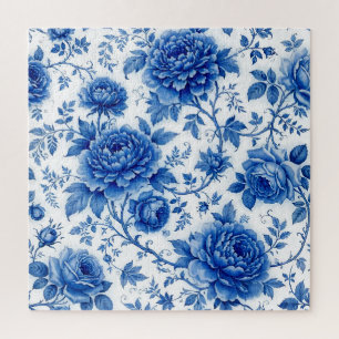 Blaue Blütenrosen Pfingstrosen Kobaltblau Weiß Puzzle
