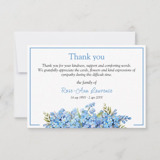 Blaue Blütenvergiss-nots-Blume Beerdigung Dankeskarte (Vorderseite)