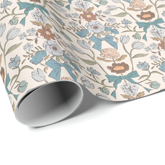 Blaue Bögen und Blütenmuster Geschenkpapier (Rolleneckpunkt)