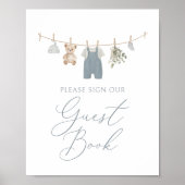 Blaue Boho-Babysachen Babyshow-Einladung Gastbuch Poster (Vorne)
