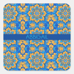 Blaue Boho-Floral-Muster Quadratischer Aufkleber