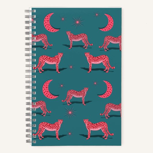 Blaue Boho-Gepard und rosa Mond-Notizbuch Notizblock (Vorderseite)
