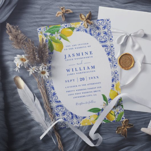 Blaue Boho-Kacheln und Zitronen QR-Code-Hochzeit Einladung