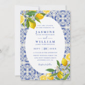Blaue Boho-Kacheln und Zitronen QR-Code-Hochzeit Einladung (Vorderseite)