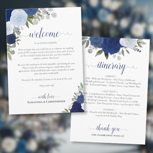 Blaue Boho-Rosen Hochzeitsbegrüßung & Programm