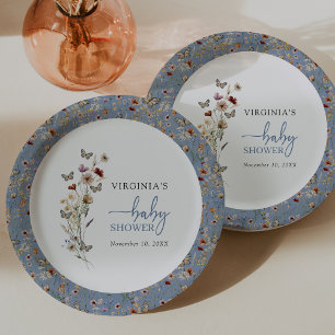Blaue Boho-Wildblumen-Baby-Party Pappteller