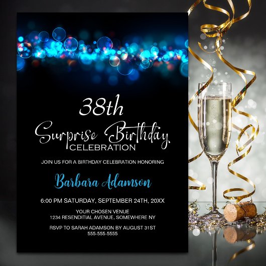 Blaue Bokeh-Schwarze Überraschung Geburtstagsfeier Einladung