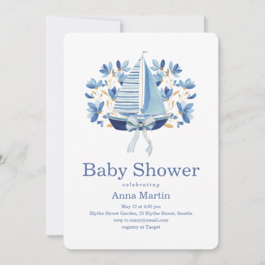 Blaue Boote & Schleifen Baby Shower Einladung (Vorderseite)