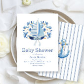 Blaue Boote & Schleifen Baby Shower Einladung