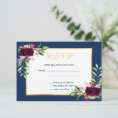 Blaue Bordeaux-Blüten Hochzeit RSVP-Karte RSVP Karte (Stehend Vorderseite)