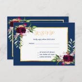 Blaue Bordeaux-Blüten Hochzeit RSVP-Karte RSVP Karte (Vorne/Hinten)
