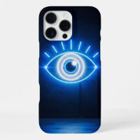 Blaue Böse-Augen-Neon-Reklame in der Dunkelheit