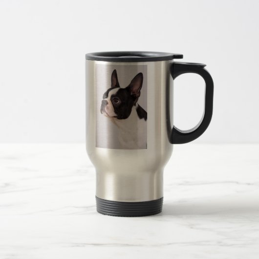 Blaue Boston-Terrier-Hunderostfreier Stahl-Tasse Reisebecher (Rechts)