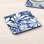 Blaue botanische Aquarell-Blumen weißes Muster Getränkeuntersetzer (Linke Seite)