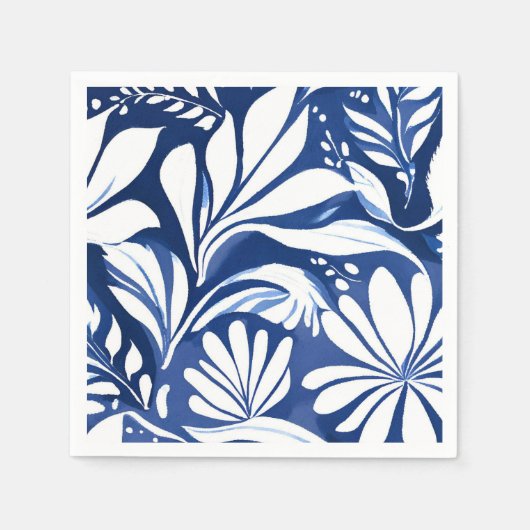 Blaue botanische Aquarell-Blumen weißes Muster Serviette (Vorderseite)