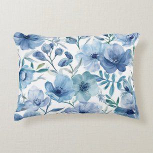 Blaue botanische Aquarell-Blumengarten Dekokissen