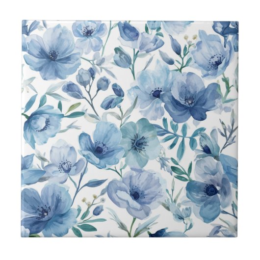 Blaue botanische Aquarell-Blumengarten Fliese (Vorderseite)