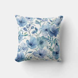 Blaue botanische Aquarell-Blumengarten Kissen