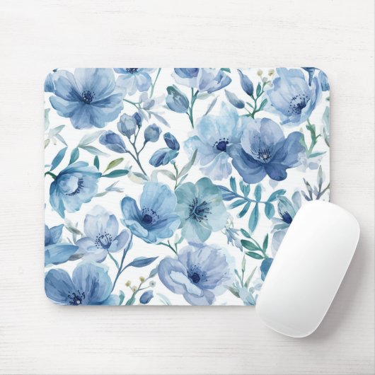 Blaue botanische Aquarell-Blumengarten Mousepad (Mit Mouse)