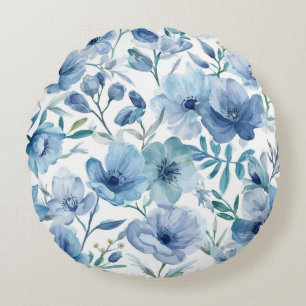 Blaue botanische Aquarell-Blumengarten Rundes Kissen