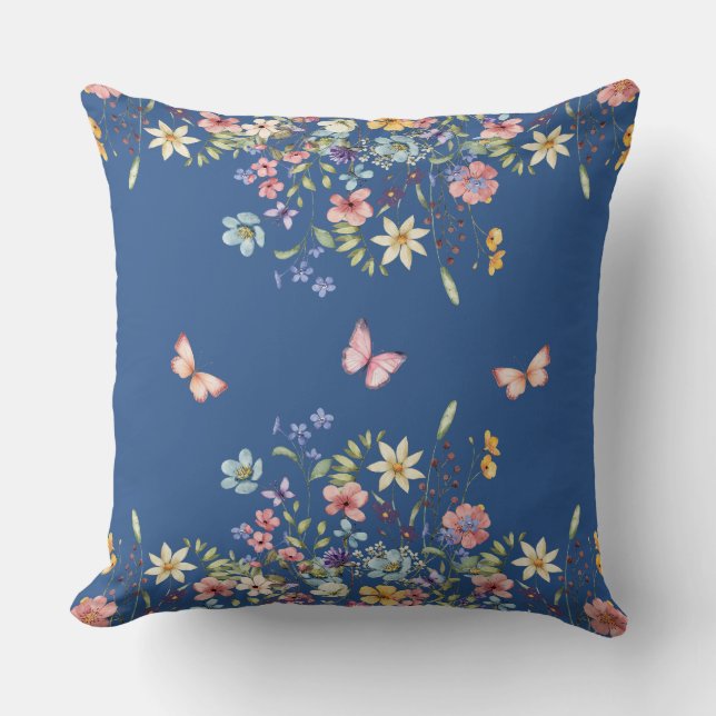 Blaue botanische Blumen Kissen (Vorderseite)