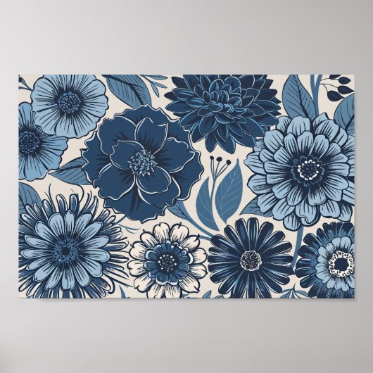 Blaue Botanische Blüten: Elegante Kunst, Dichtung  Poster (Vorne)